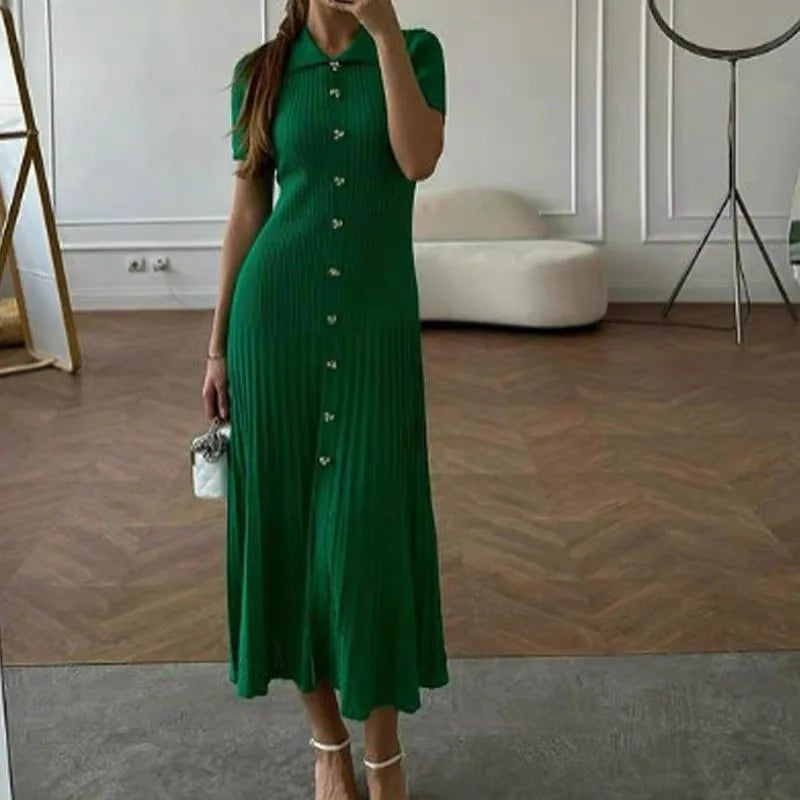 Turn-Down Collar Knit Maxi Office Dress