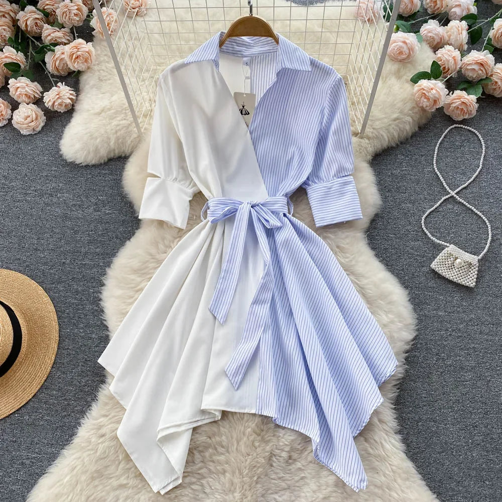 Striped Patchwork Asymmetric Collared Dress
