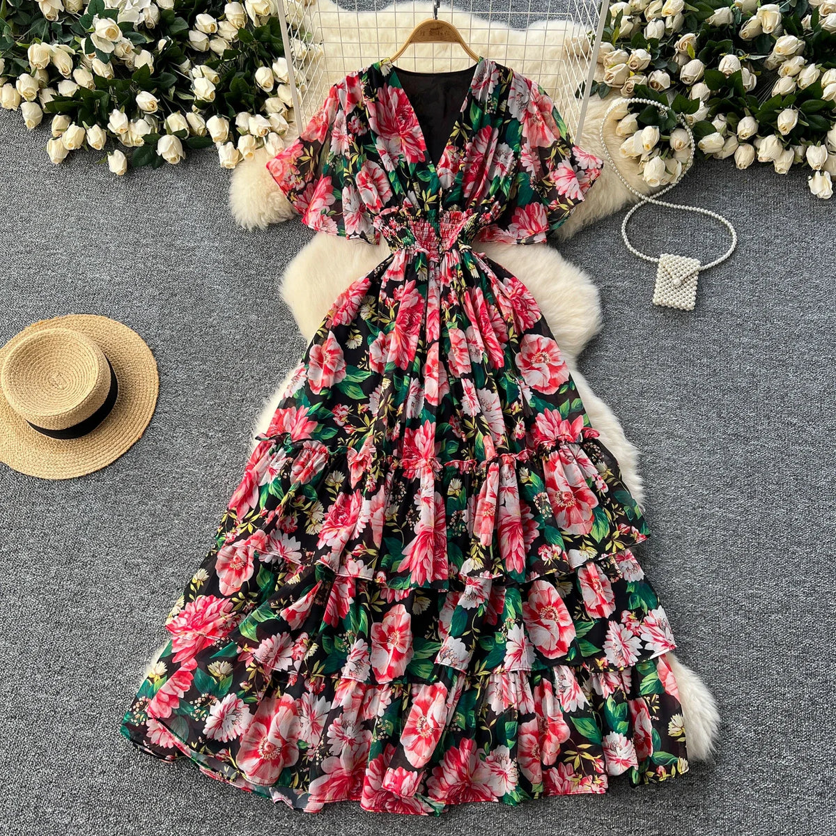 Print Chiffon Butterfly Sleeve A-Line Dress