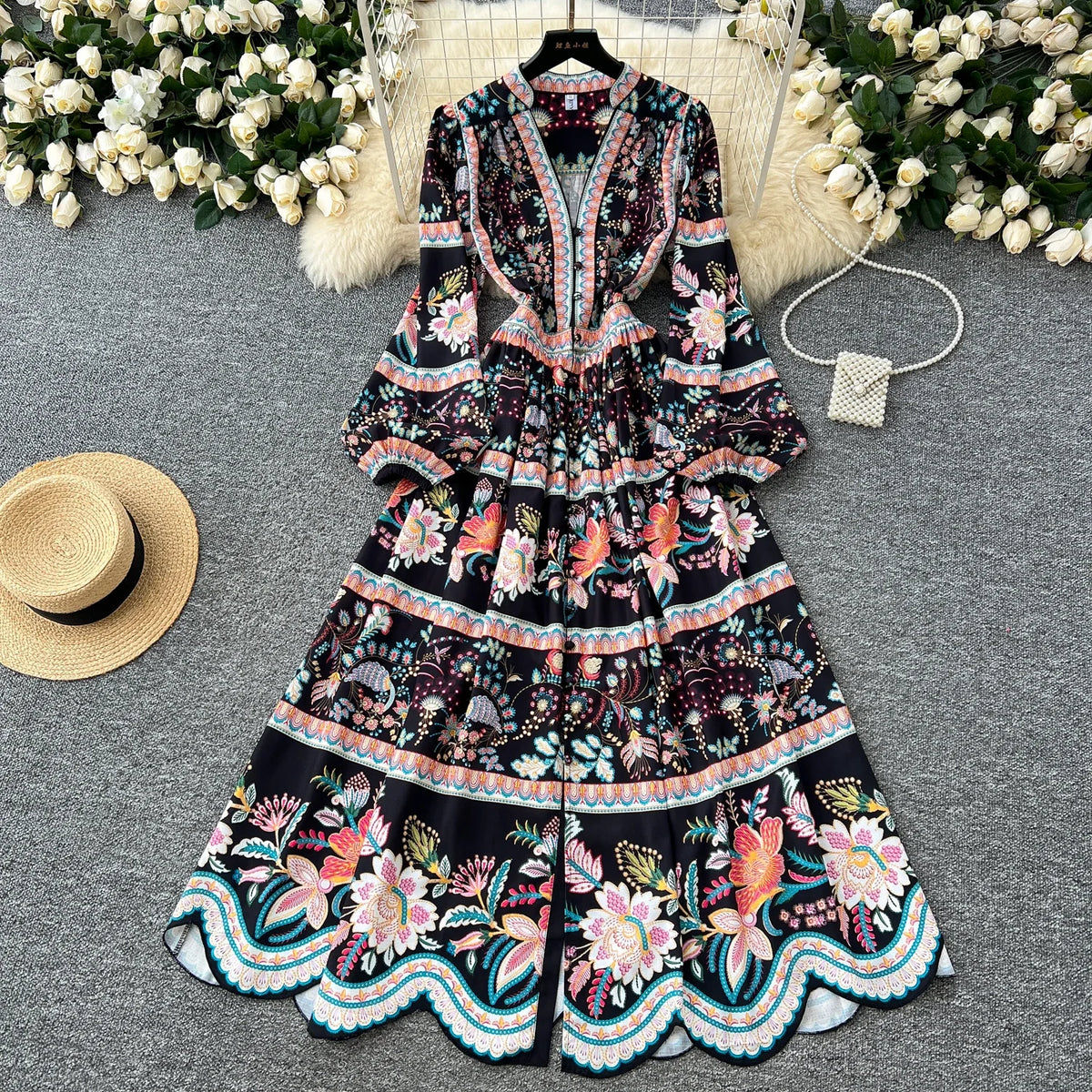 Print V-Neck Lantern Sleeve Maxi Dress