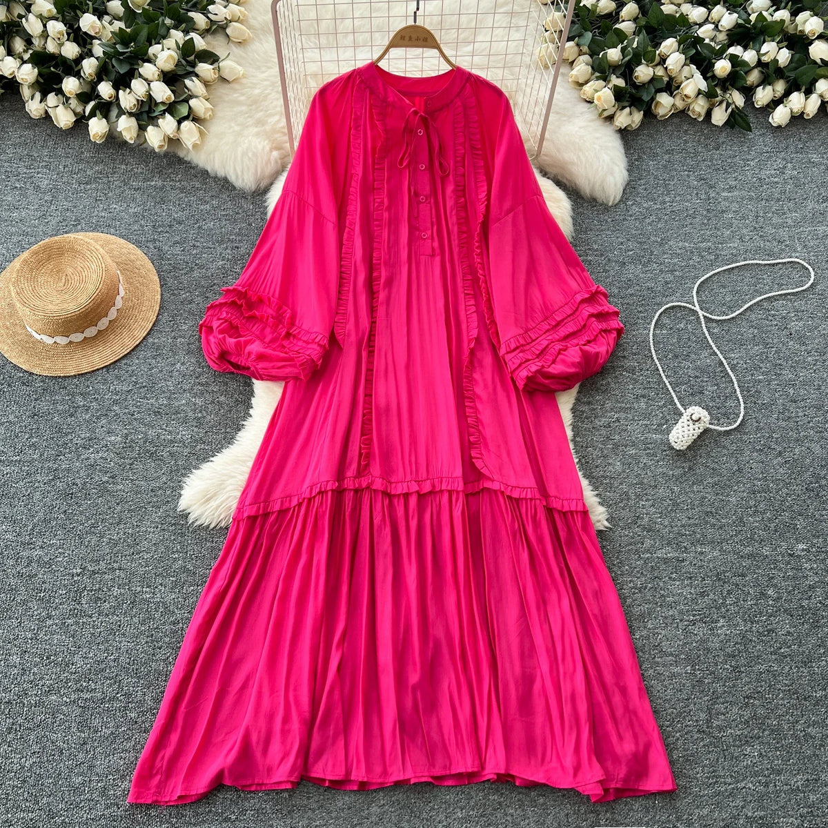 Lace-Up Lantern Sleeve Ruffle Dress