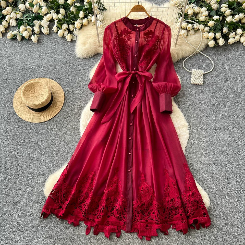 Embroidered Cutout Puff Sleeve Bandage Dress