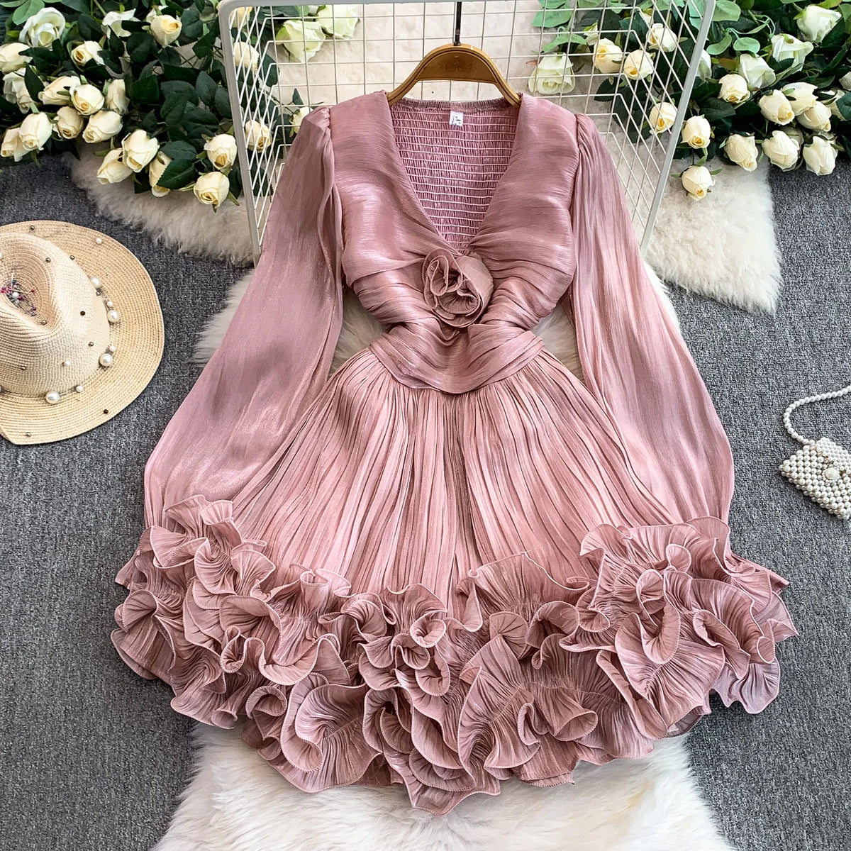 3D Ruffle High Waist Party Dress