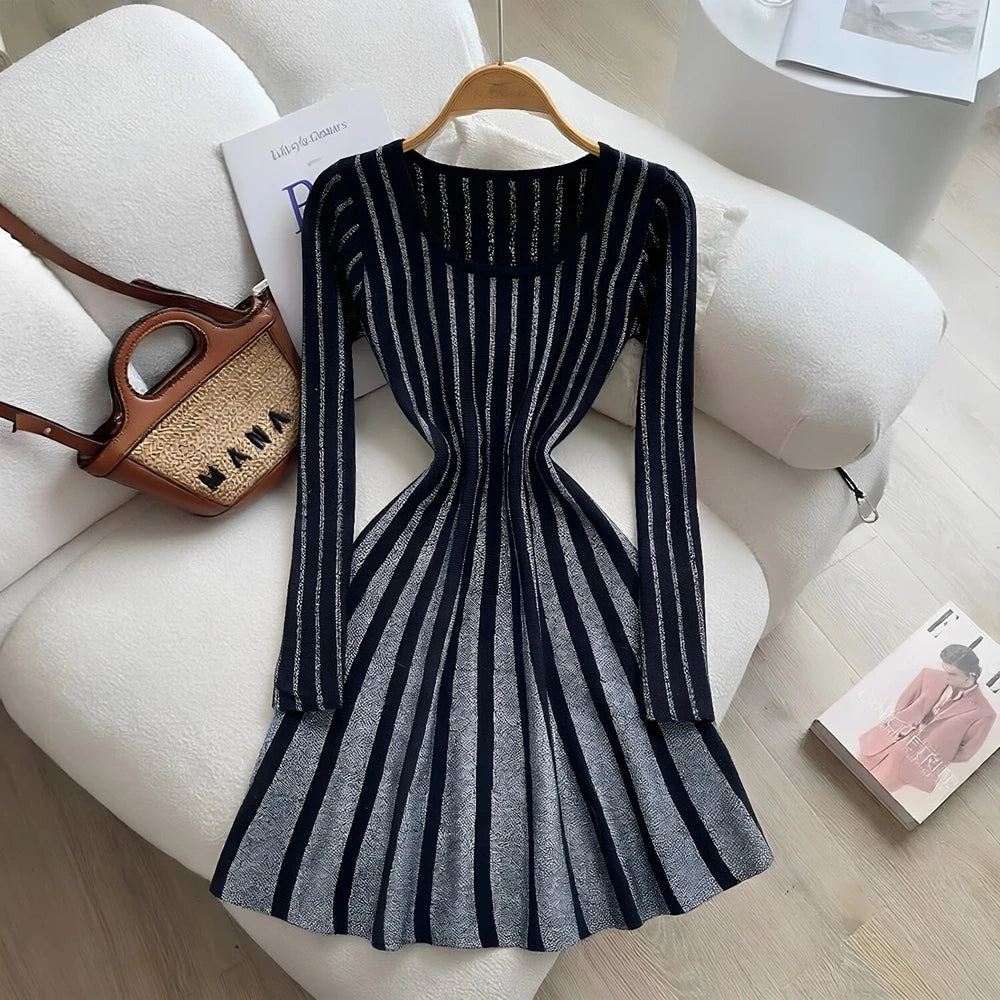 Shimmer Striped Knit A-Line Mini Dress