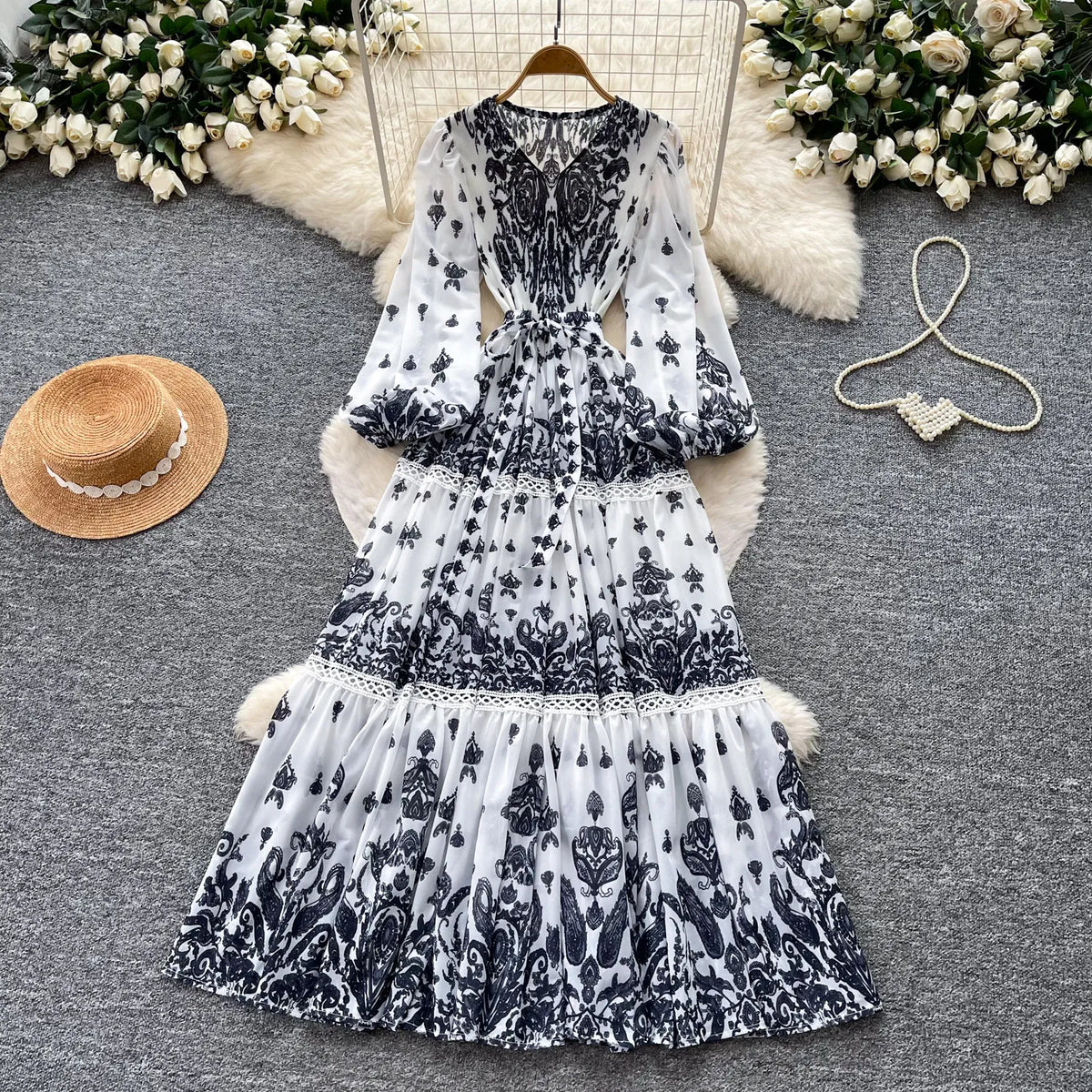 Print Cutout Pleated Swing Maxi Dress