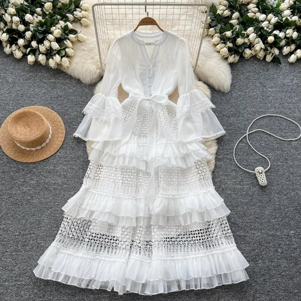 Lace V-Neck Flare Sleeve Tiered Maxi Dress