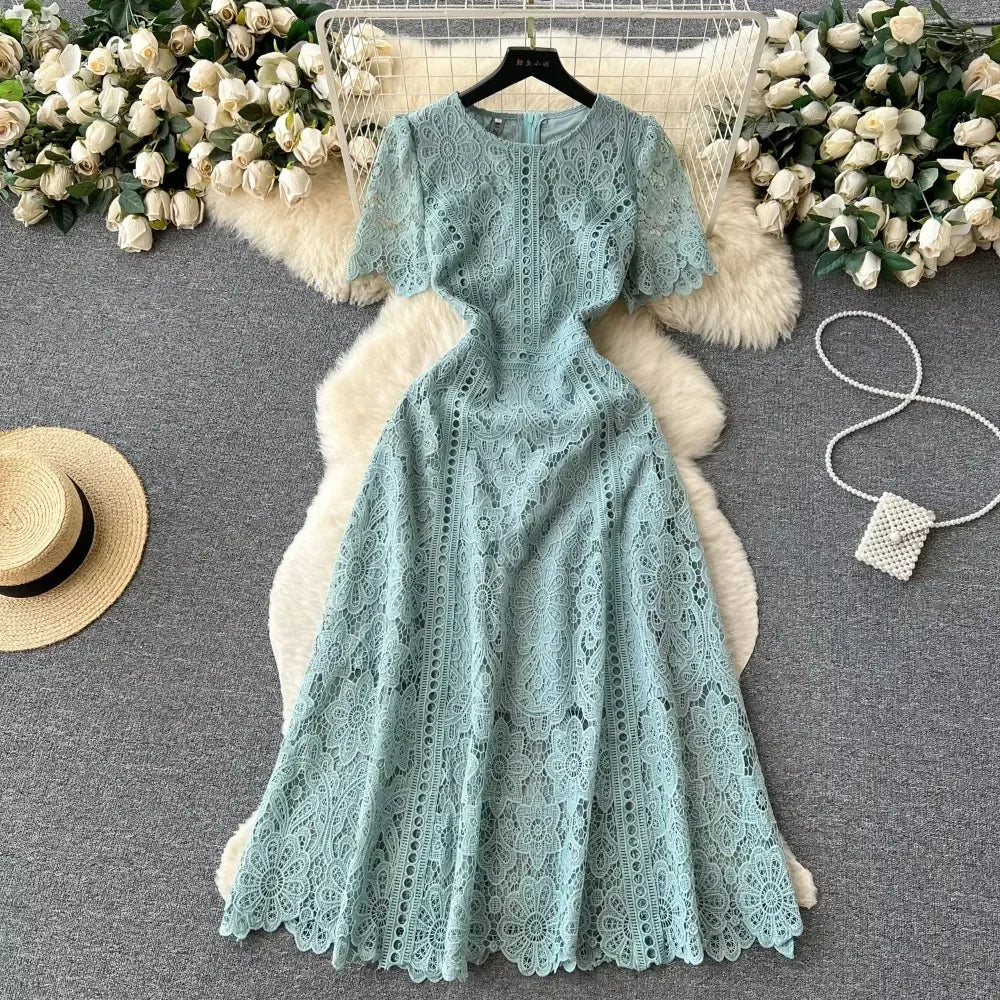 Solid Lace Cutout Ruffle Sleeve Long Dress