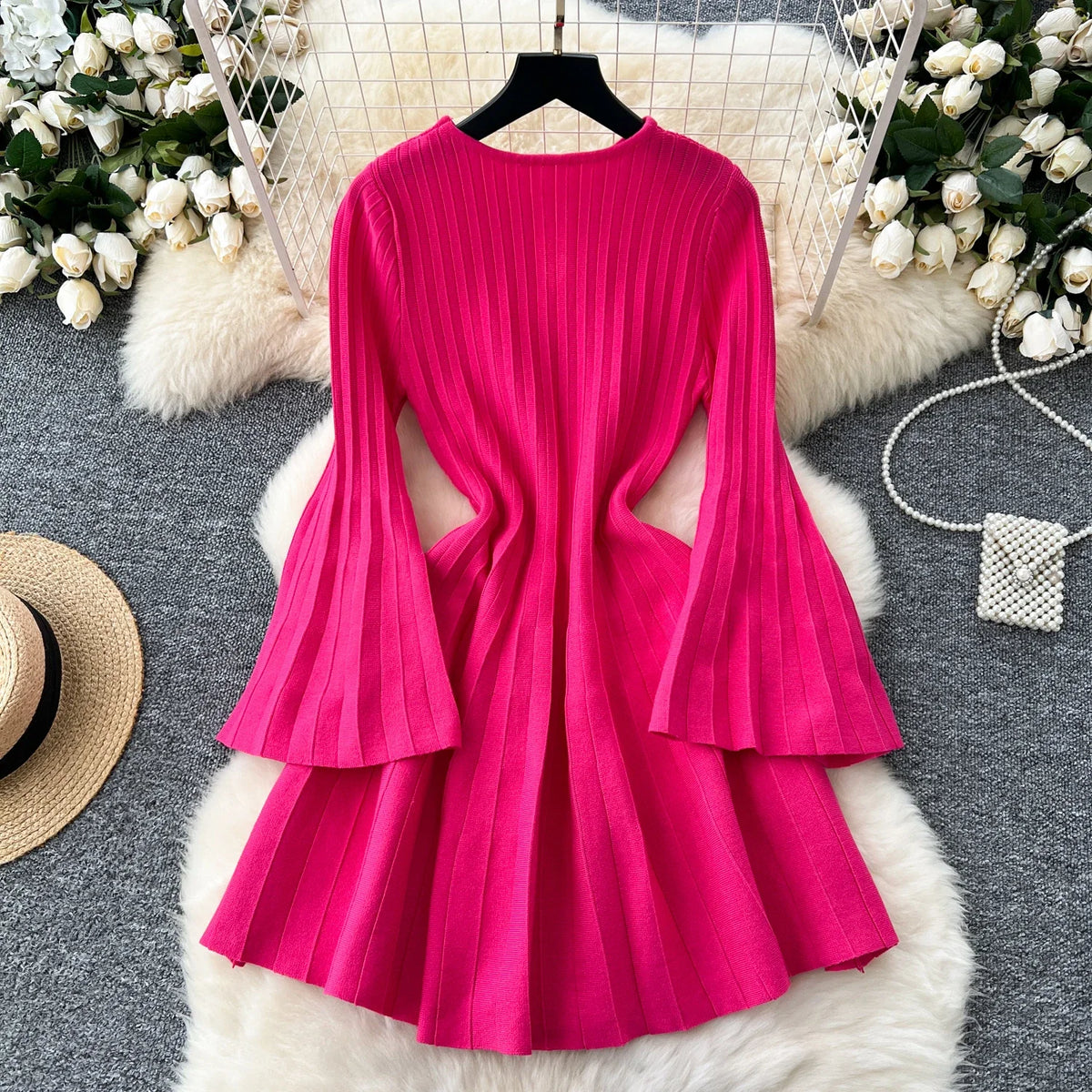 Openwork Knit Flare Sleeve A-Line Dress