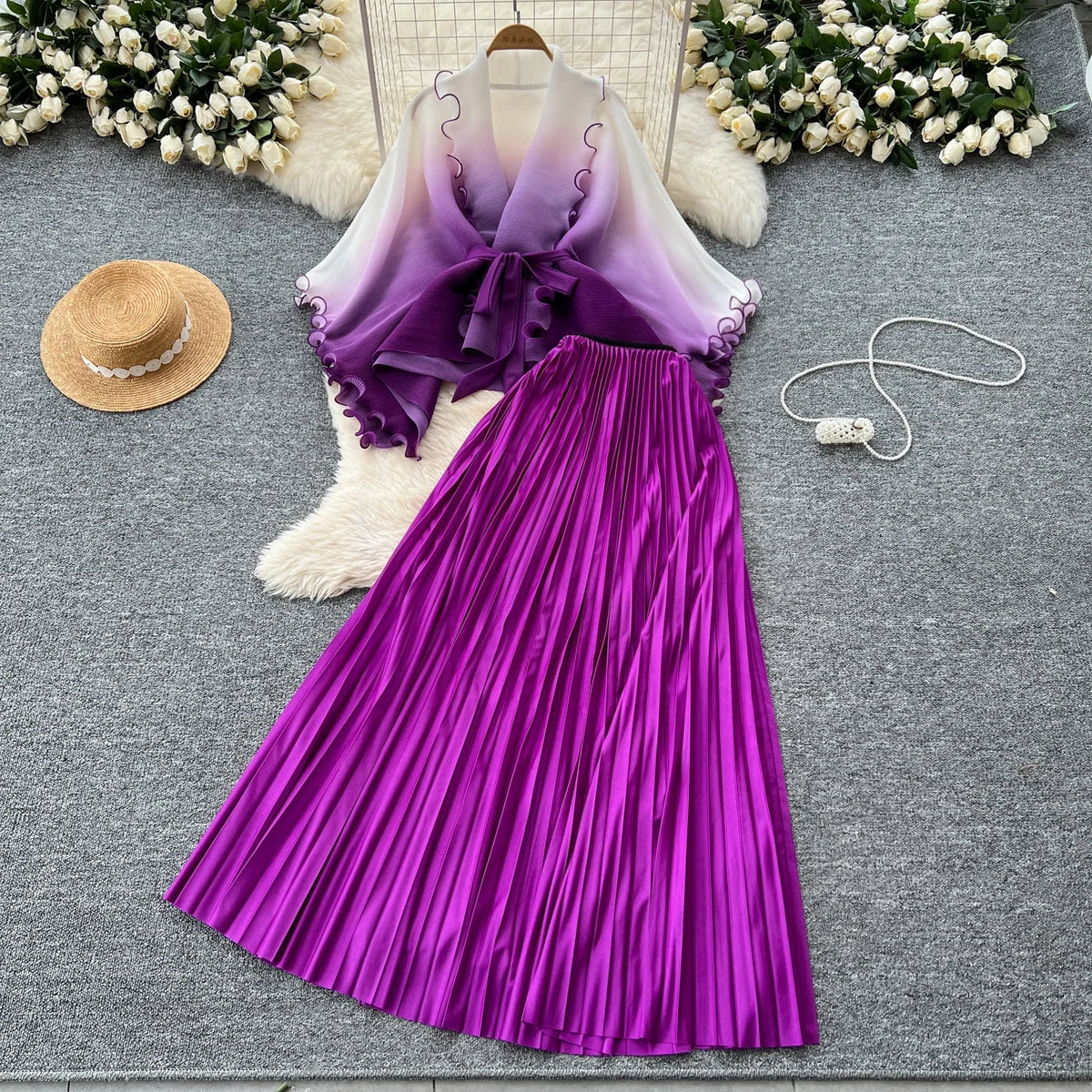 Gradient Cardigan and Pleated Skirt Set