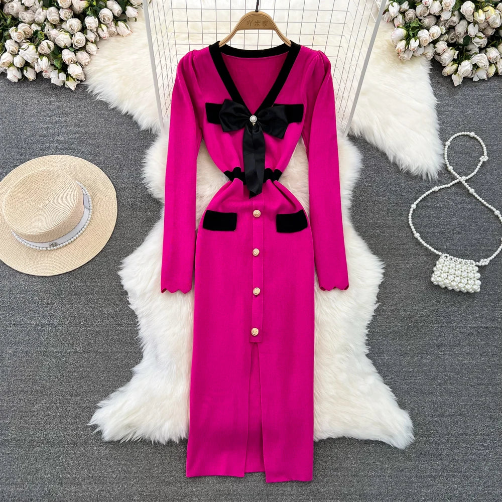 Butterfly Knit V-Neck Bodycon Sweater Dress