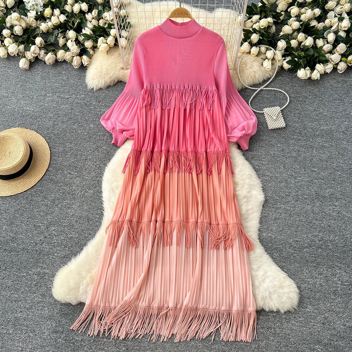 Tassel Patchwork Lantern Sleeve Dress