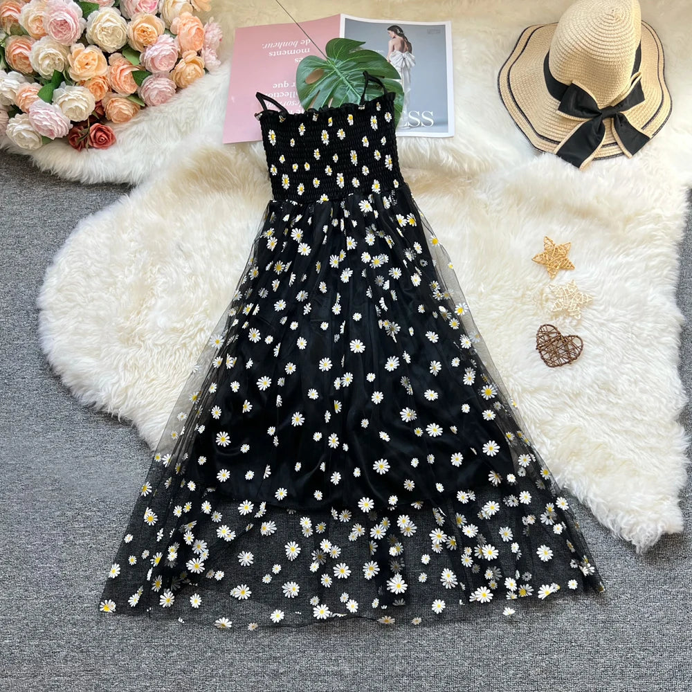 Daisy Print Layered Mesh Maxi Dress