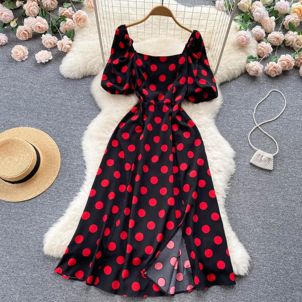 Vintage Polka Dot Puff Sleeve Maxi Dress