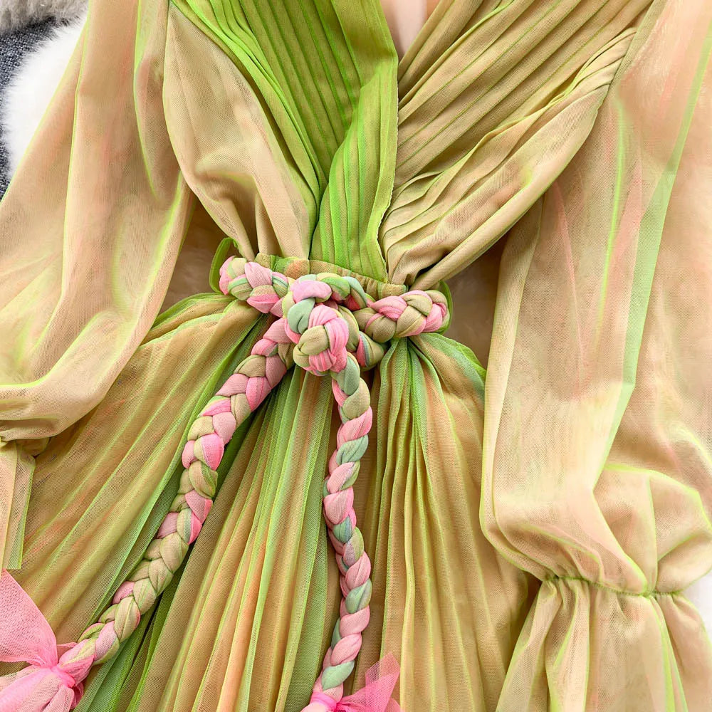 Pleated Mesh Chiffon V-Neck A-Line Dress