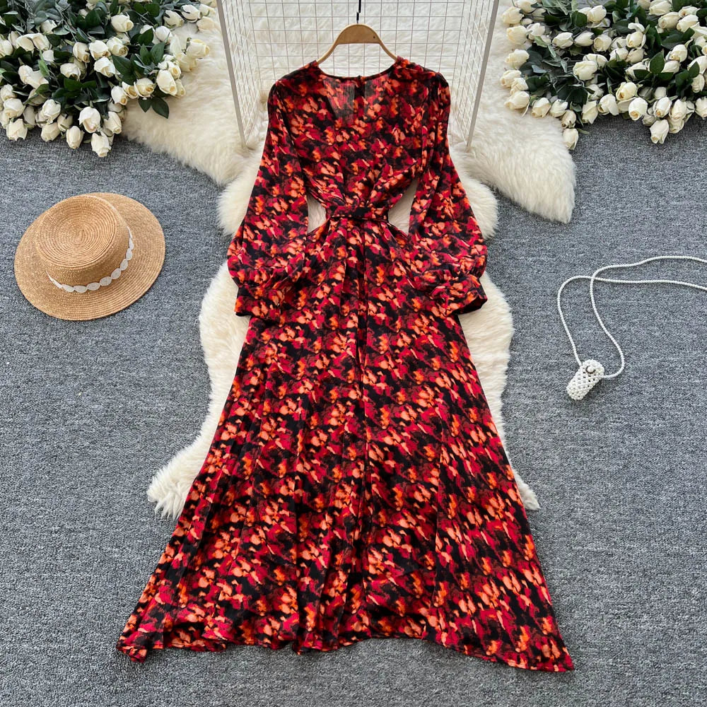Print Long Sleeve V-Neck Party Dress