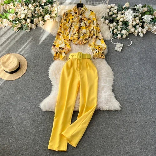 Print Puff Sleeve Blouse and Wide Leg Pants
