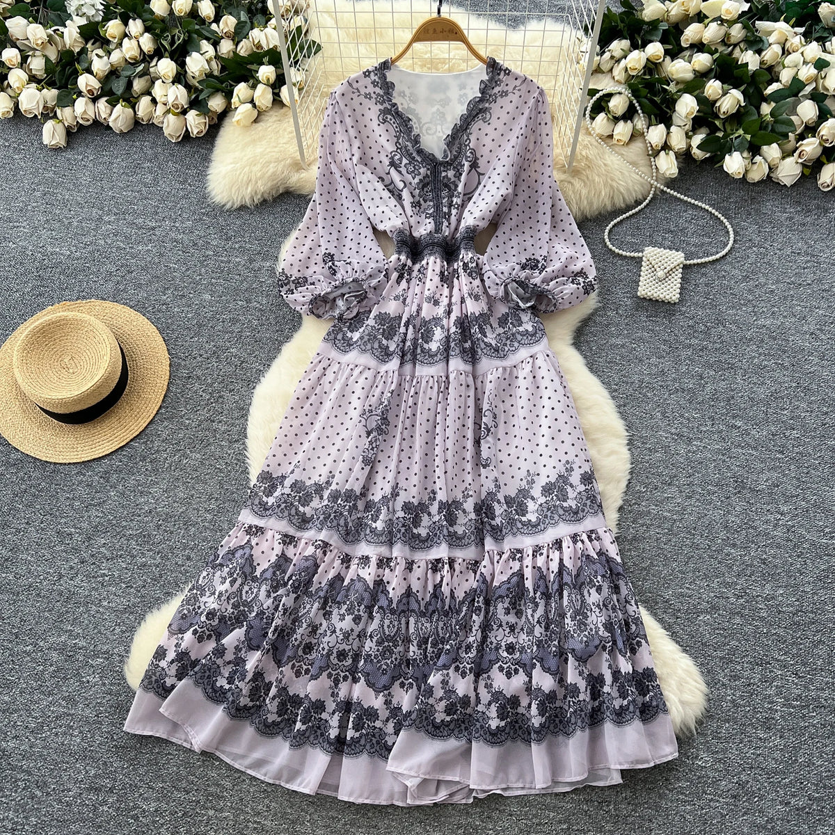 Slim Print V-Neck Long Sleeve Dress