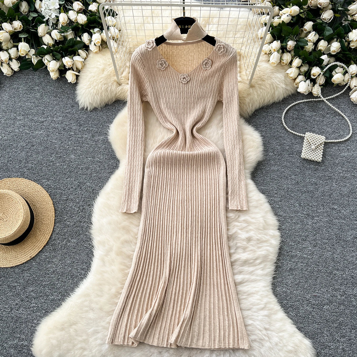 Textured Knit Pleated A-Line Dress