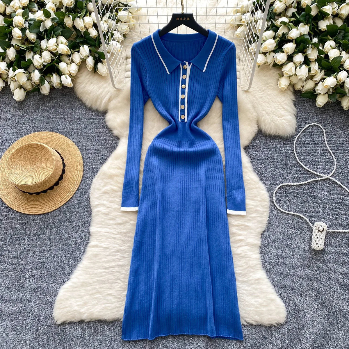 Vintage Collared Ribbed Knit Maxi Shirt Dress