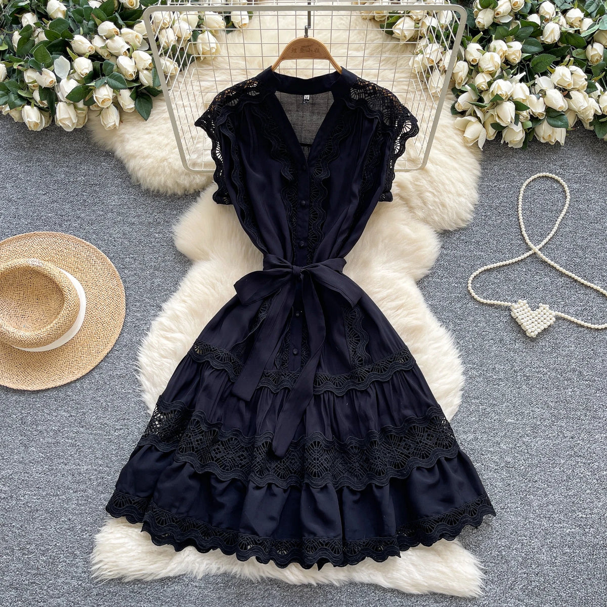 Lace-Up Cutout Sleeveless Beach Dress
