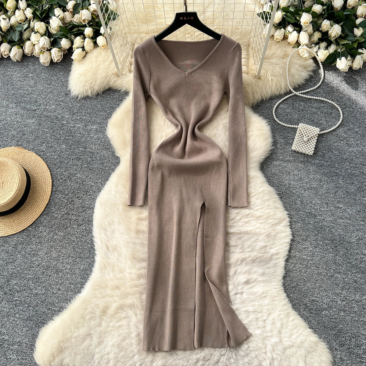 Split Knit V-Neck Maxi Dress