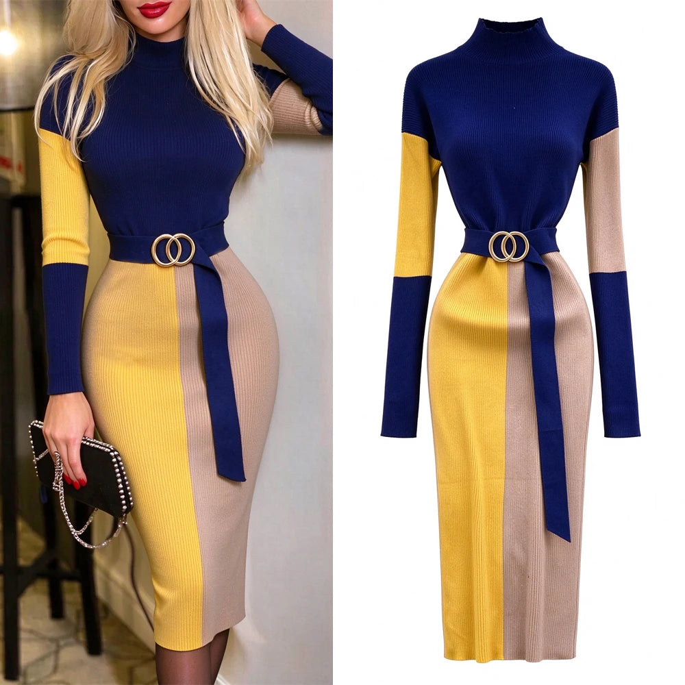 Colorblock Ribbed Knit Belted Maxi Dress