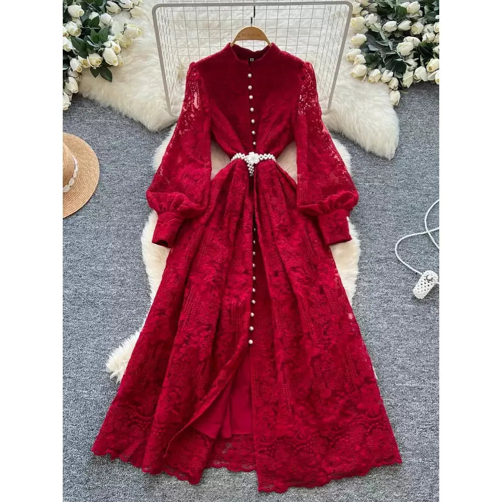 Lace Single Breasted O-Neck Dress