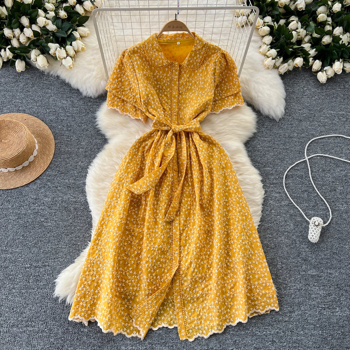 Embroidered Polo Collar Puff Sleeve Dress