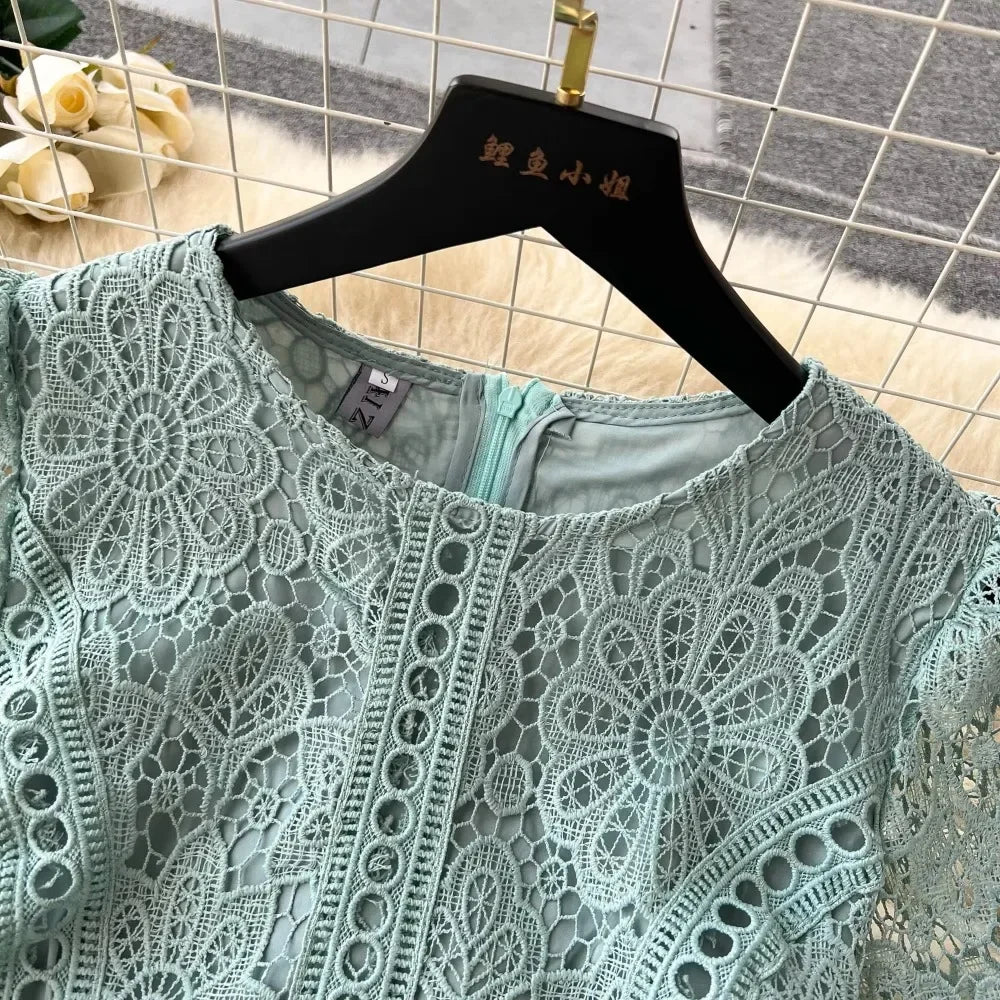 Solid Lace Cutout Ruffle Sleeve Long Dress
