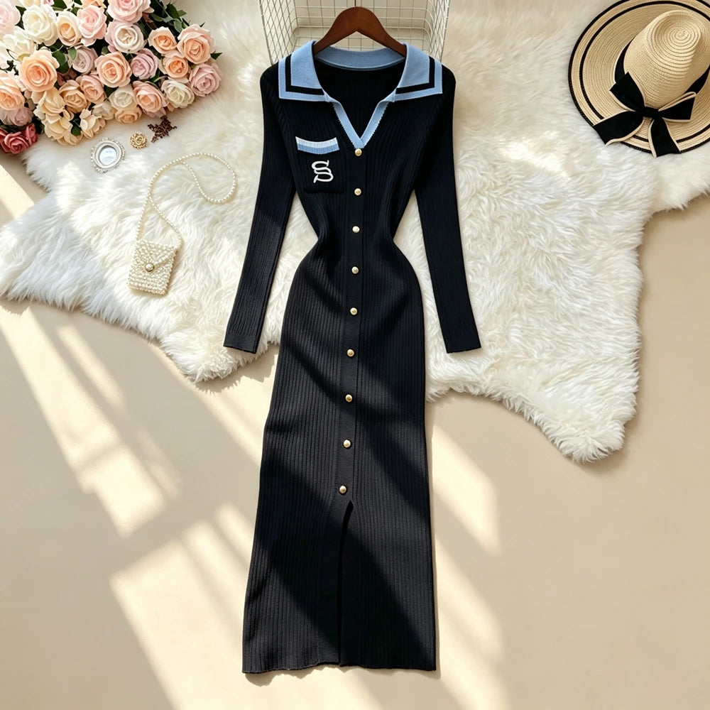 Embroidered Button Knit Bodycon Maxi Dress