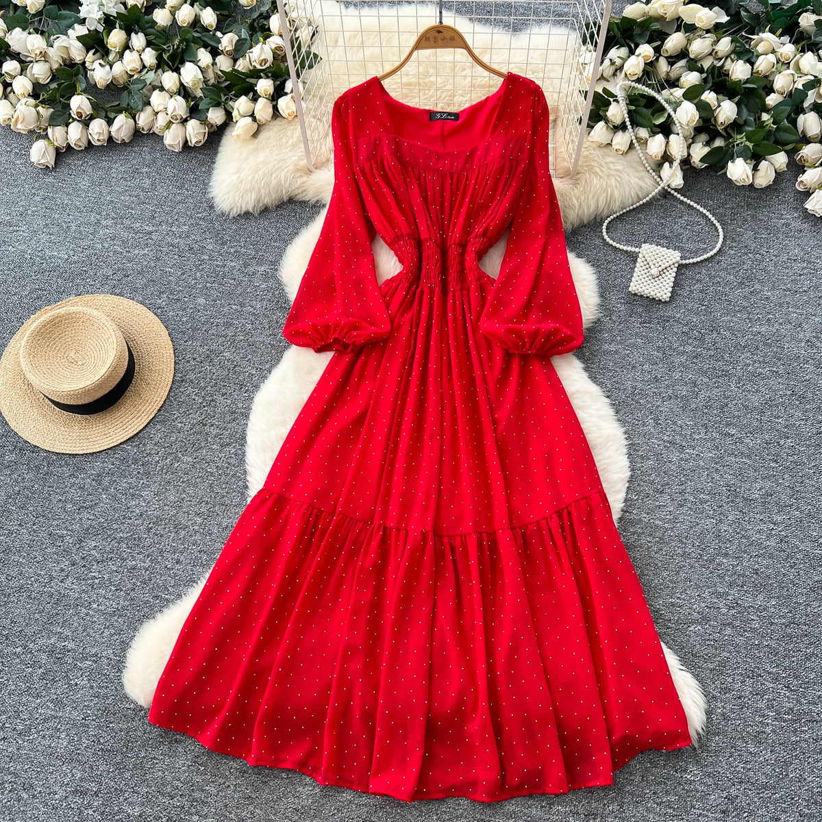 Rhinestone Square Neck A-Line Dress