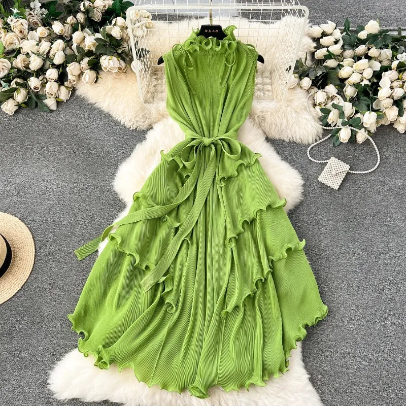 Ruffle Trim Stand Collar Chiffon Long Dress