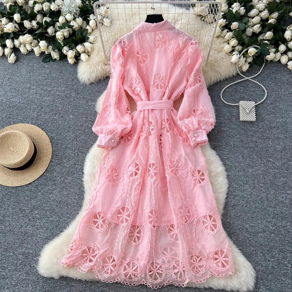 Embroidered Lapel Lantern Sleeve Long Dress