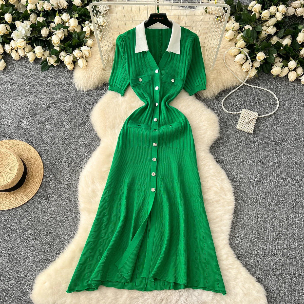 Patchwork Knit Collared Button Front Dress