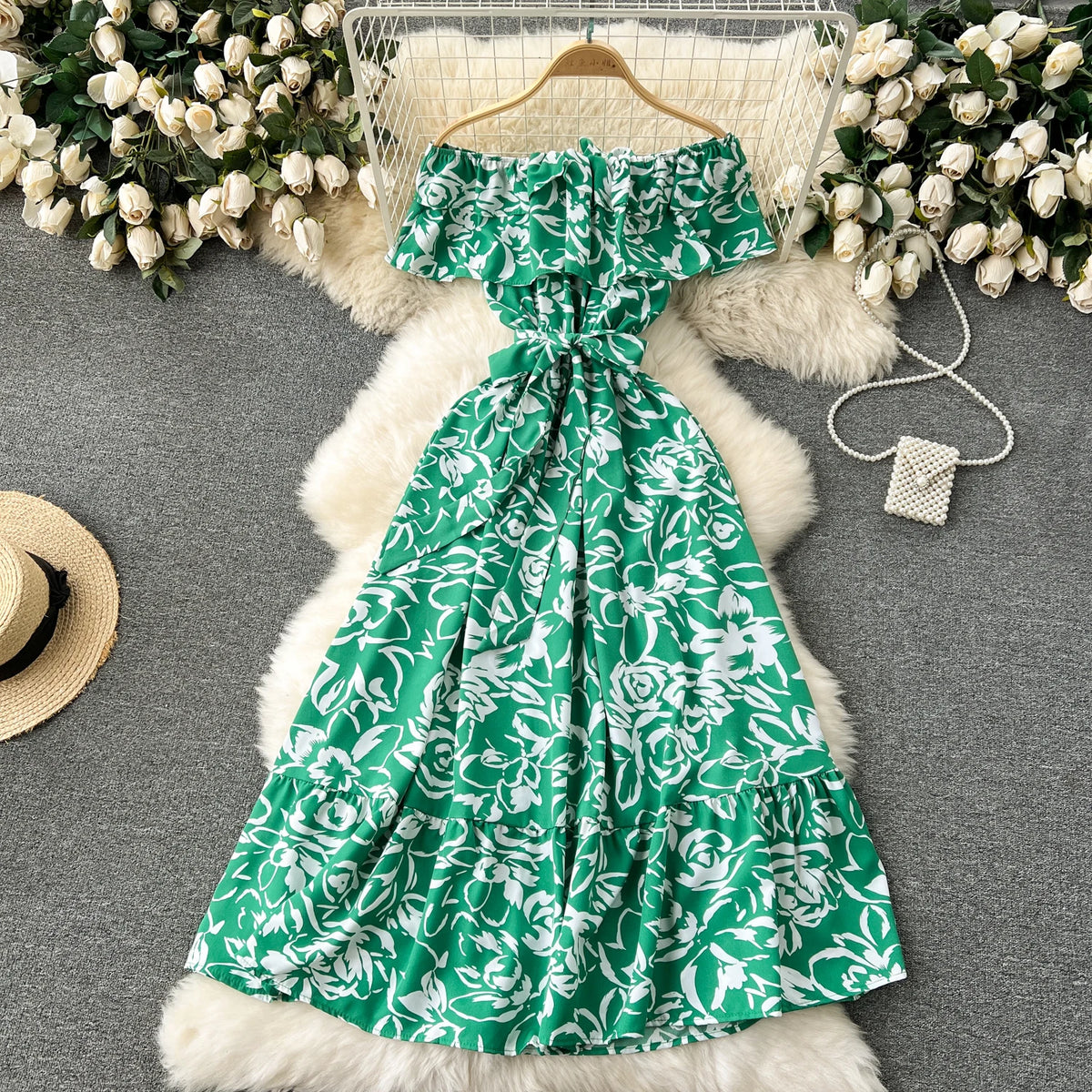 Print Chiffon Boat Neck Tie Waist Dress