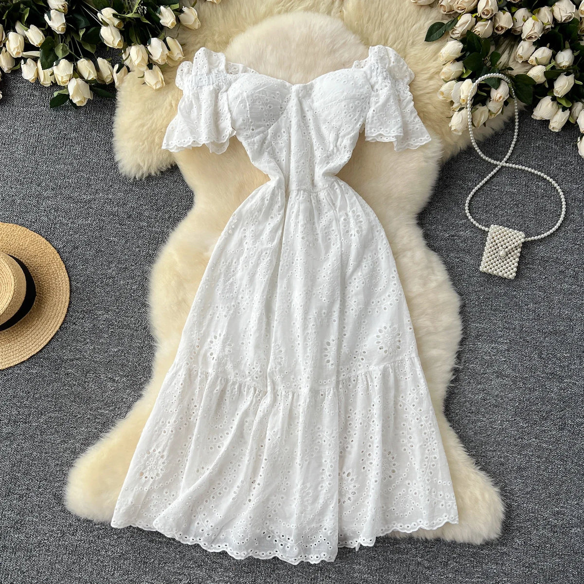 Embroidered Cutout Ruffle A-Line Dress