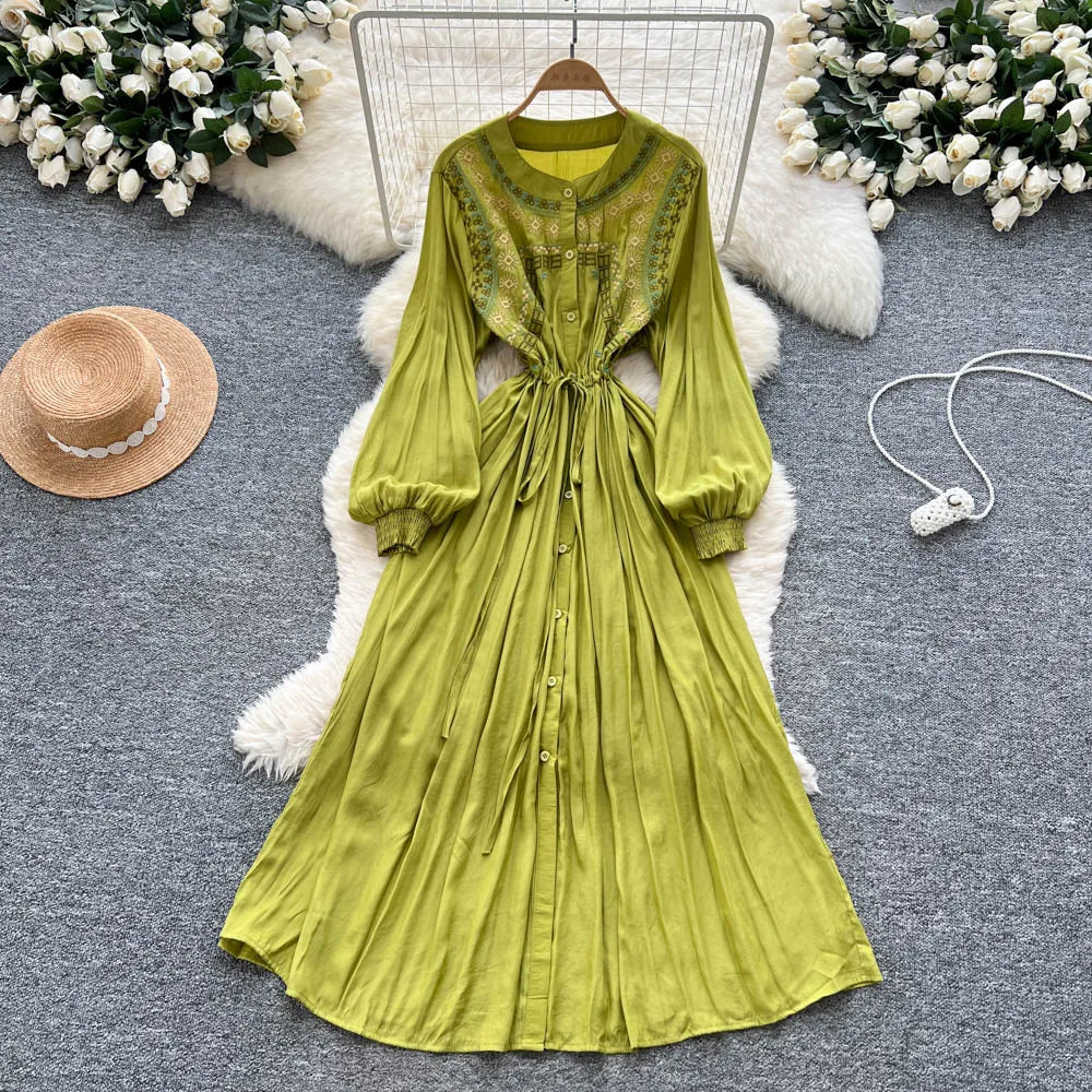 Embroidered Print Lace-Up Maxi Dress