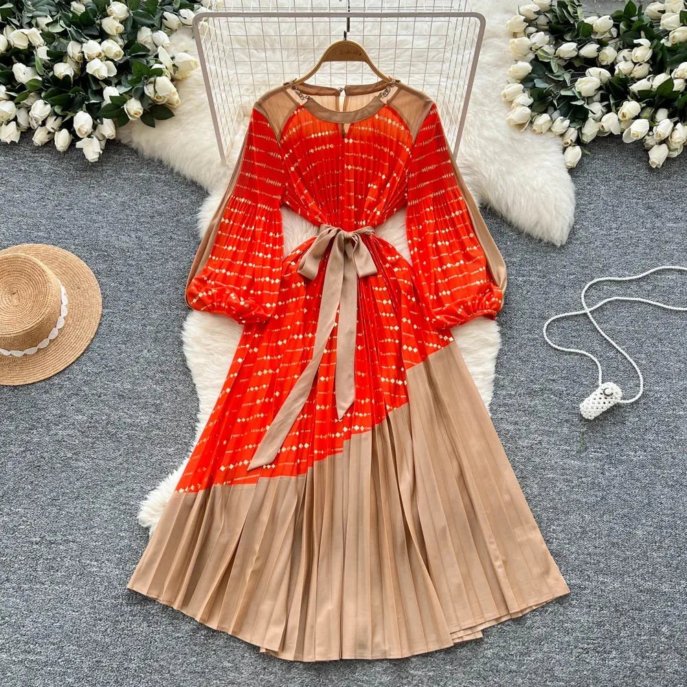 Spliced Print Slim Long Dress