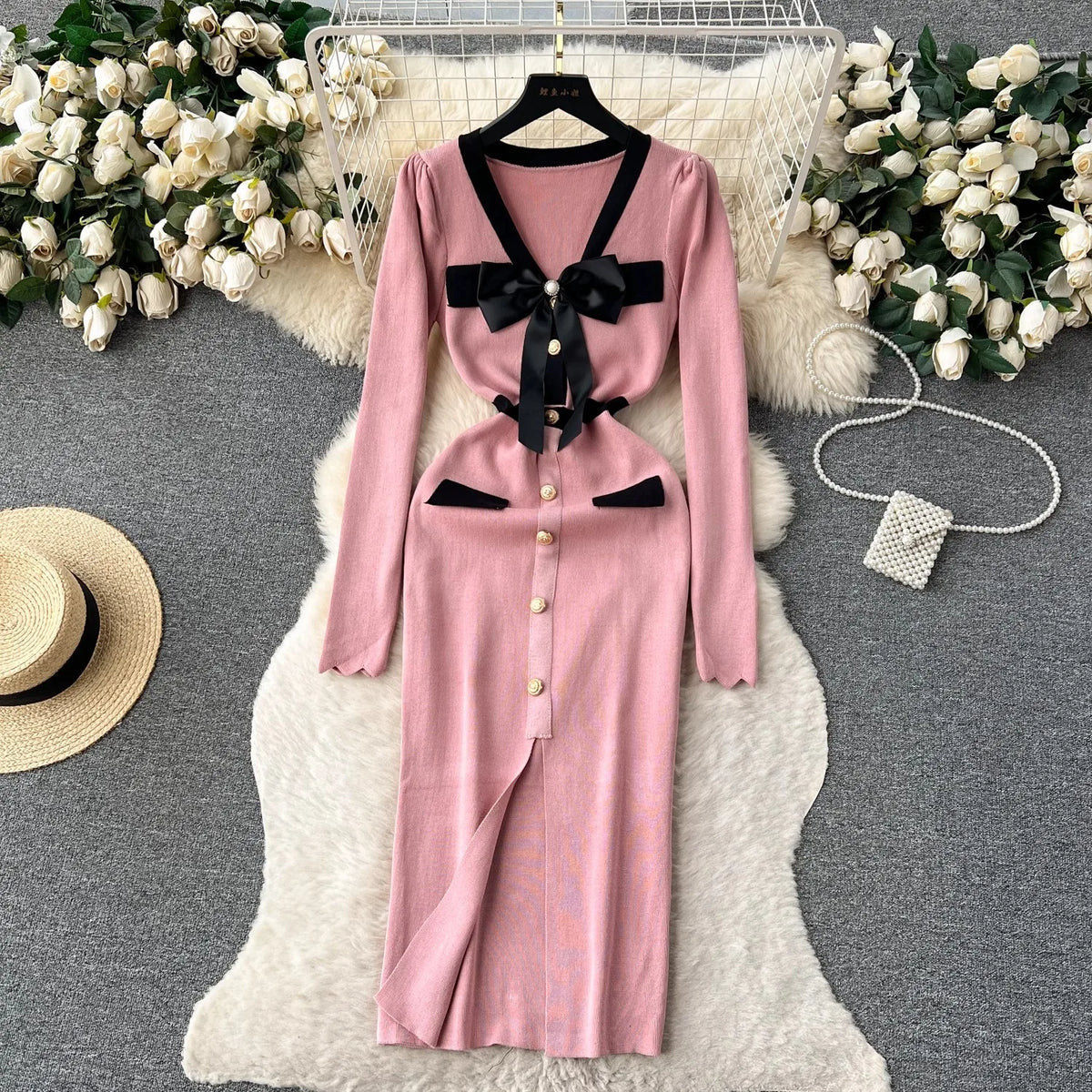 V-Neck Bow Front Slit Bodycon Dress