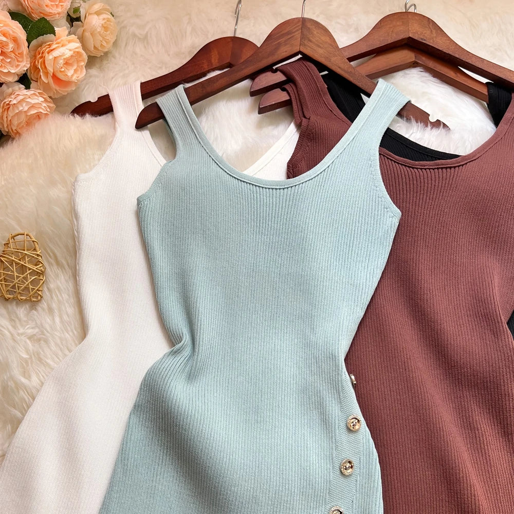 Button Slit Bodycon Knit Tank Dress