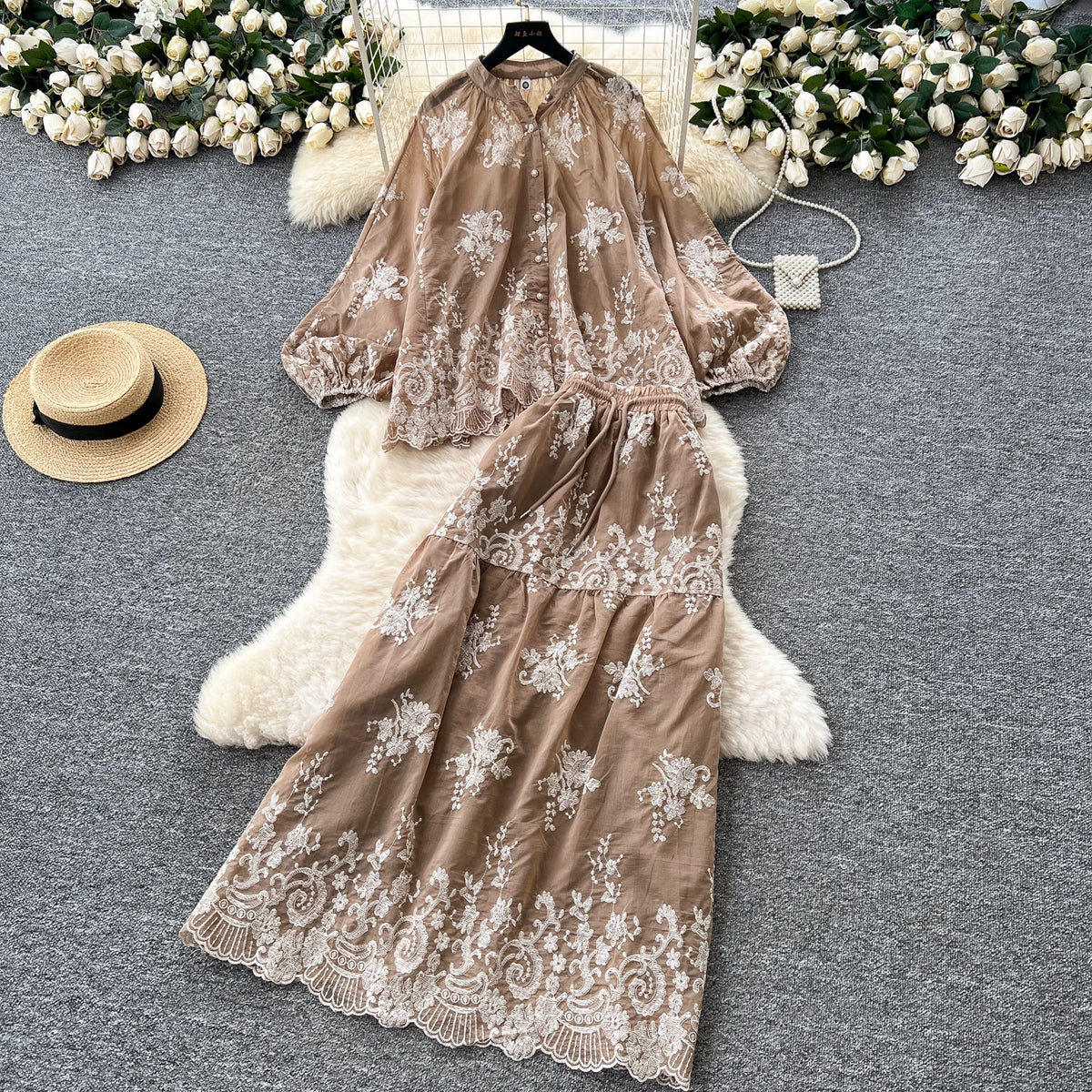 Embroidered Button Long Sleeve Two Piece Set