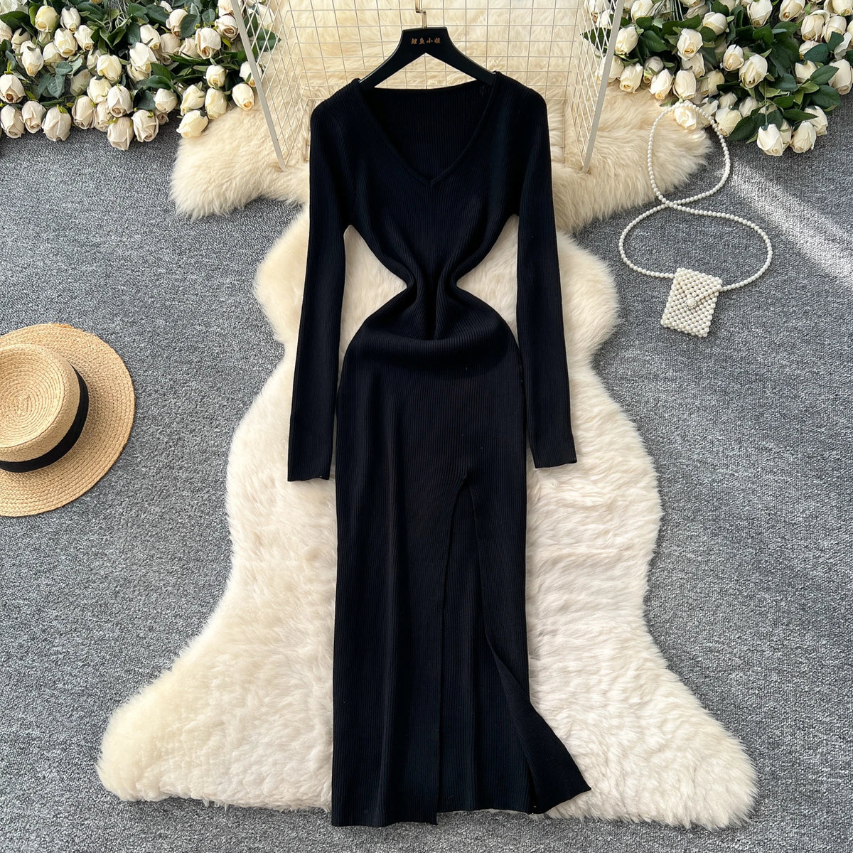 Split Knit V-Neck Maxi Dress