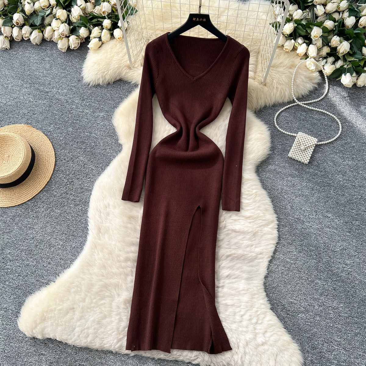Split Knit V-Neck Maxi Dress