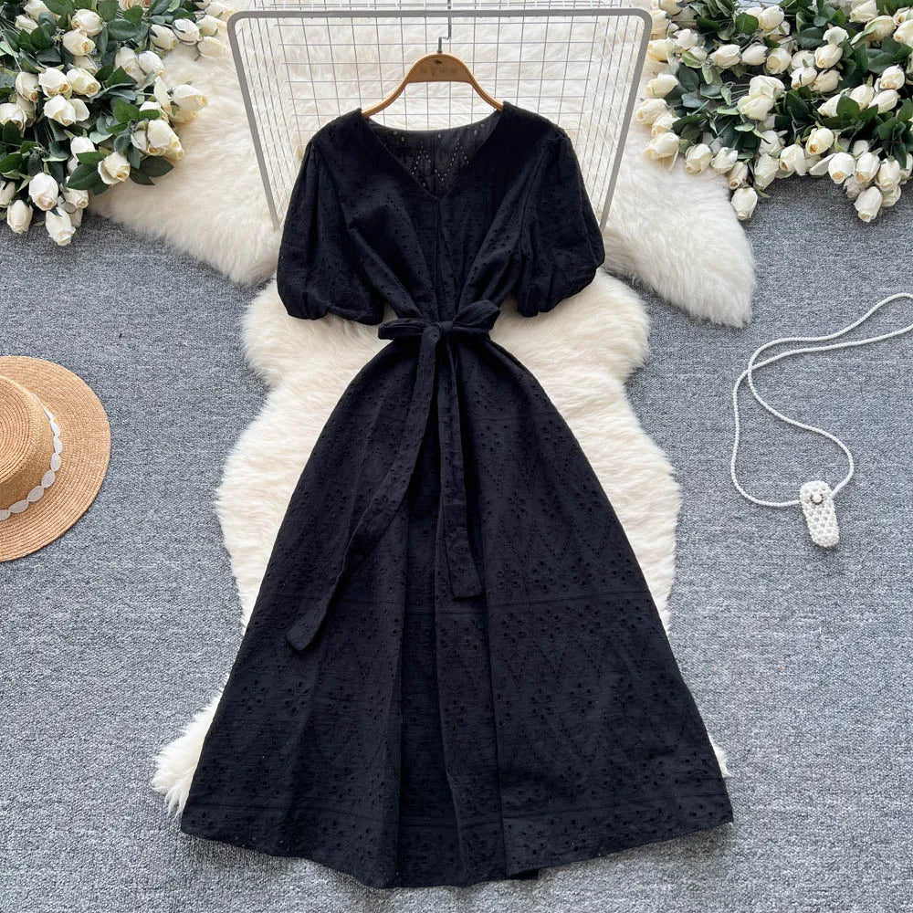 Crochet Puff Sleeve Pleated Maxi Dress