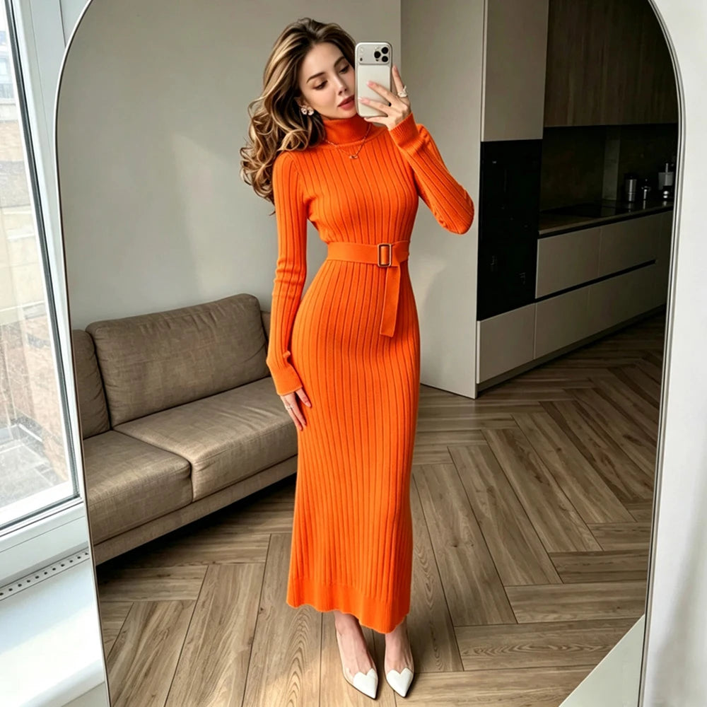 Belted Turtleneck Long Sleeve Maxi Sweater Dress