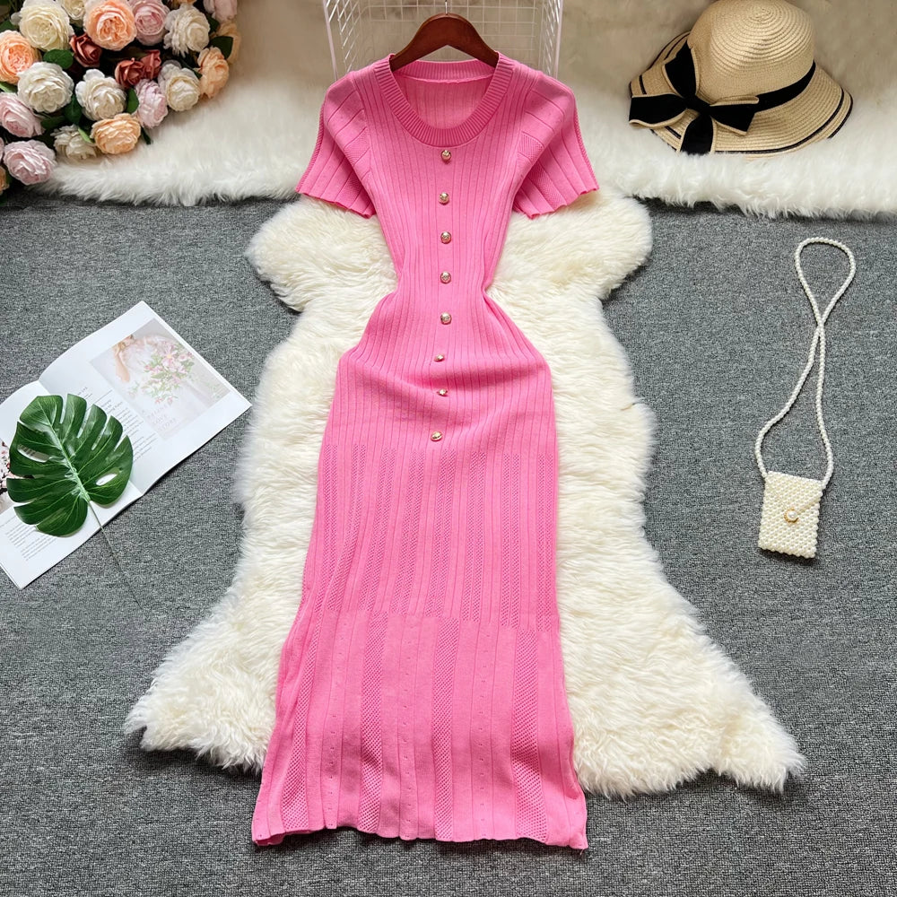 Button Front Knit Bodycon Maxi Dress