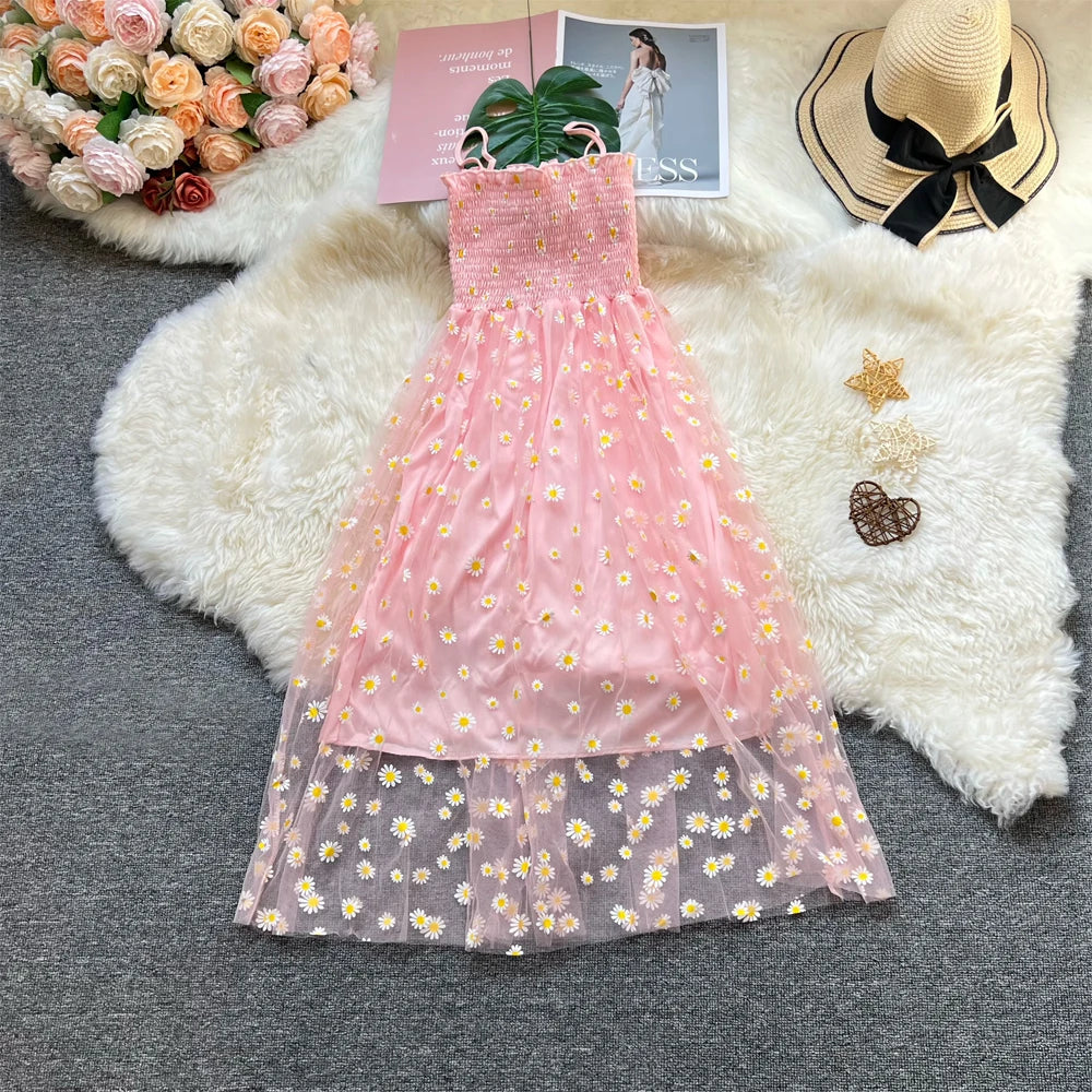 Daisy Print Layered Mesh Maxi Dress