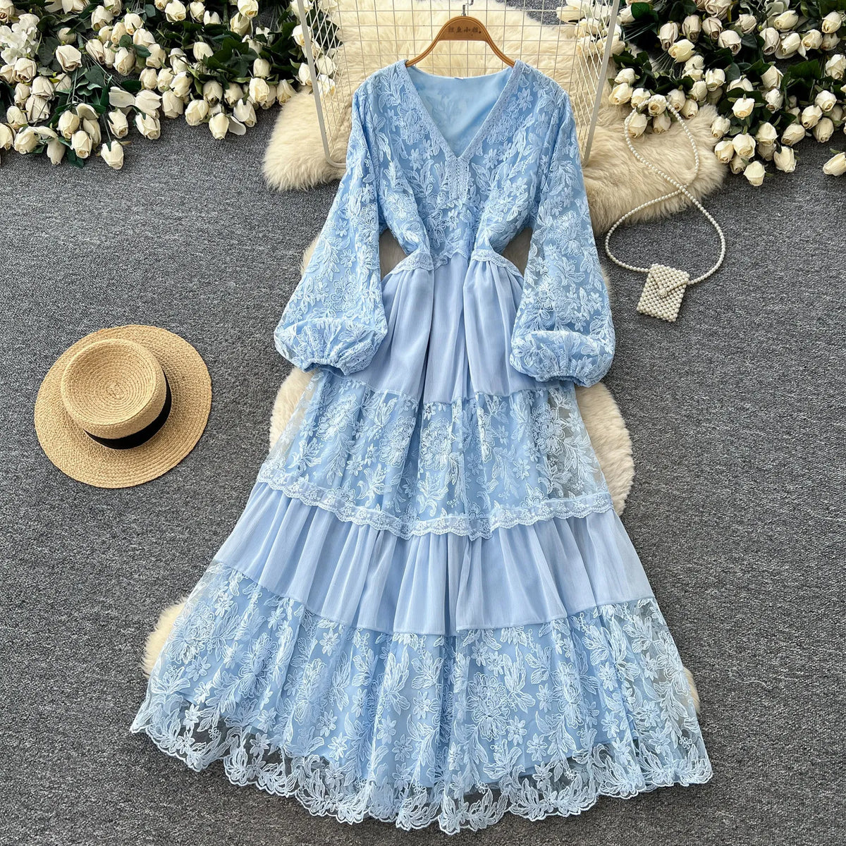 Lace Mesh V-Neck Ruffle Maxi Dress