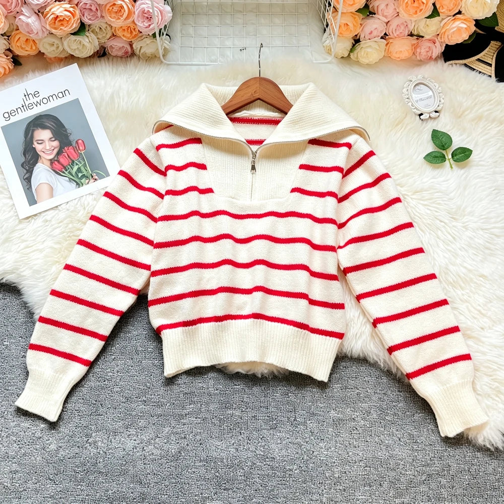 Striped Half Zip Knit Hoodie Sweater