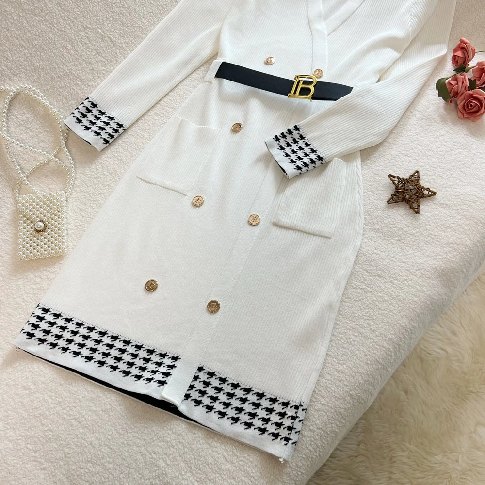 Houndstooth V-Neck Knit Dress